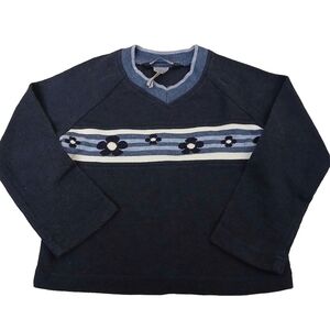 Girl's Navy Blue Sweater with Floral Stripe Y2k 90s